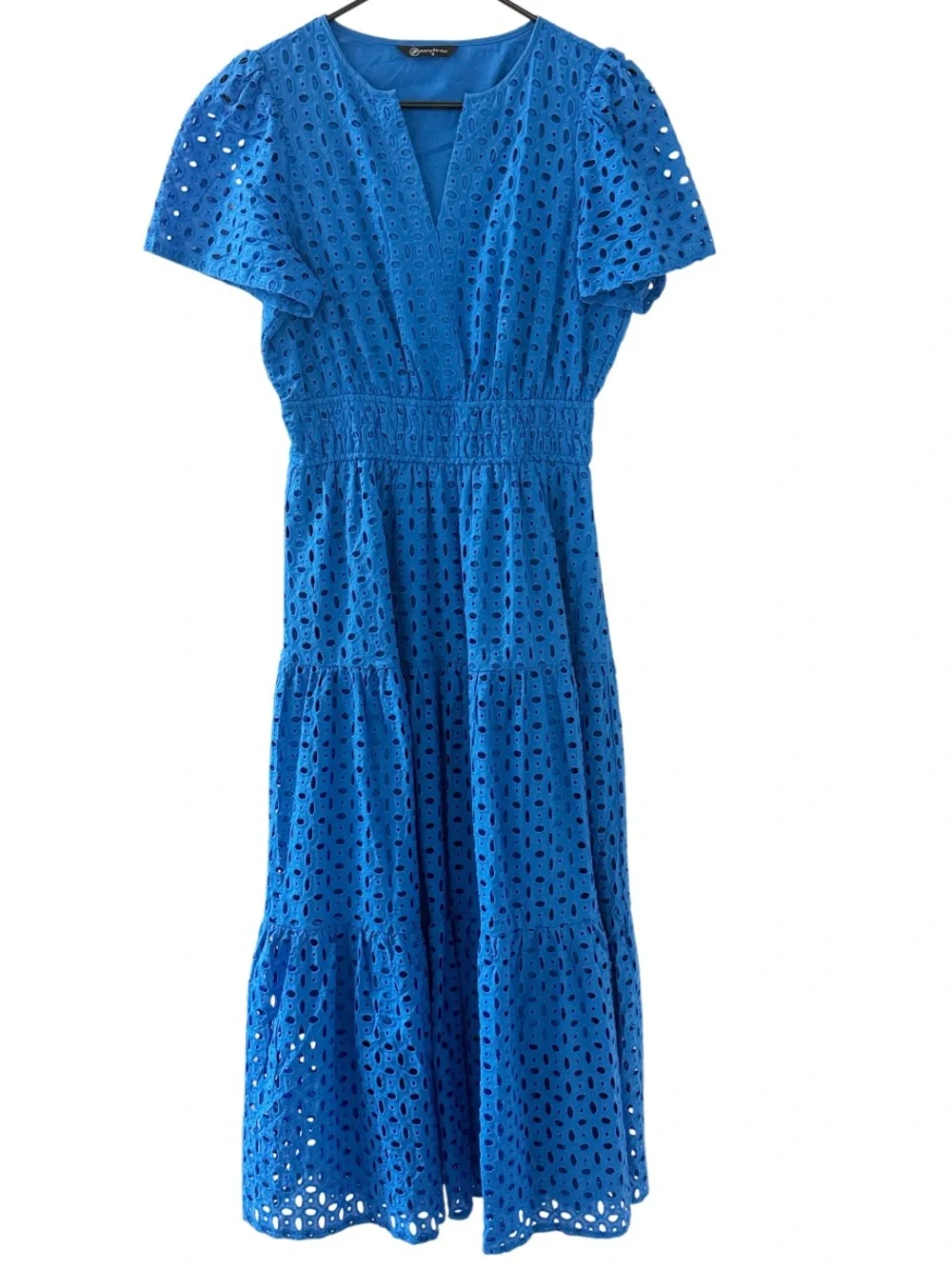 PRETTY GARDEN Eyelet Royal Blue Midi Dress, Vneck, Pockets, Size Small New!